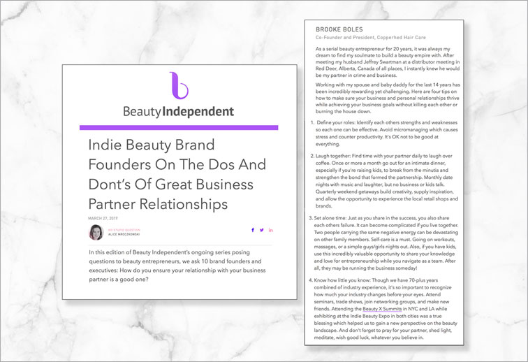 Copperhed’s Co-founder & President, Brooke Boles, featured on BeautyIndependent, March 27, 2019